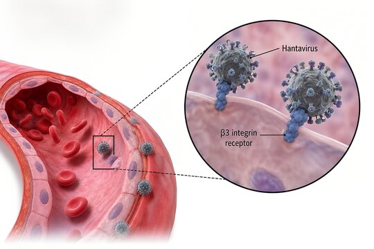 Molecular-level illustration of hantavirus particles attaching to beta-3 integrin receptors on the surface of a blood vessel endothelial cell, representing viral entry mechanism