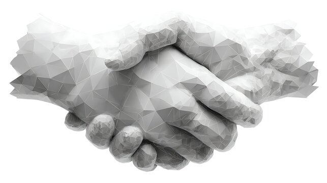 Grey low poly handshake symbol with geometric triangular facets isolated on a white background