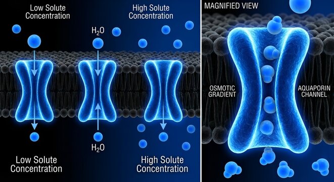 Detailed view of water-selective aquaporin channels with water molecules passing through, ideal for physiology textbooks and membrane protein research