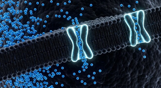 3d illustration of aquaporins facilitating water movement across the lipid bilayer, perfect for biology education, nephrology, and molecular transport concepts