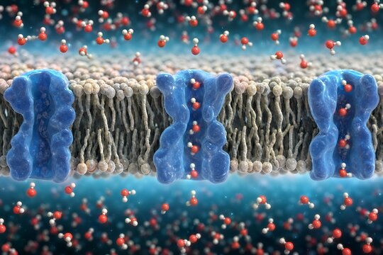 Aquaporin channel proteins embedded in a cell membrane allowing rapid water molecule transport, representing osmosis, hydration, and cellular fluid balance