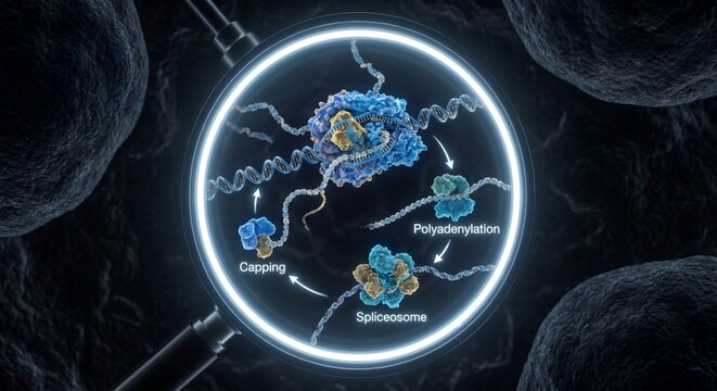 Scientific diagram of gene expression: from dna transcription to pre-mrna splicing into mature mrna, with exons joined and introns excised