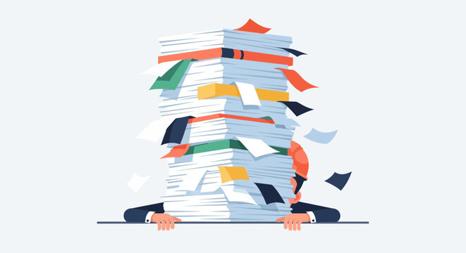Man overwhelmed by paperwork.