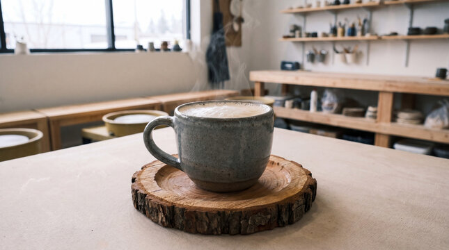 A gray ceramic mug on a wooden coaster in a pottery studio with shelves and tools