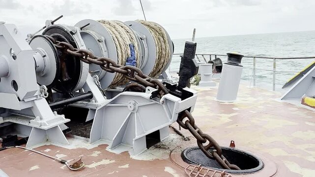 cargo ship lifting the anchor chain. chain moving by the winch of the windlass. mooring winches with ropes at the vessel forecastle. chain come out from sea water.