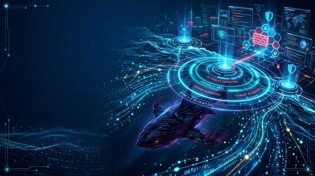 Cyber predator shark in data ocean with digital scan targeting system and binary code