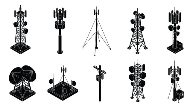 cell towers and communication antennas black linear vector set