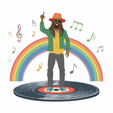 Man with dreadlocks dancing on a vinyl record with rainbow and music notes