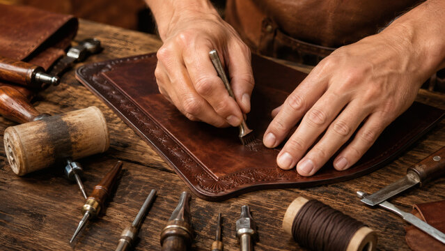 Craftsman hands working on leather at workbench