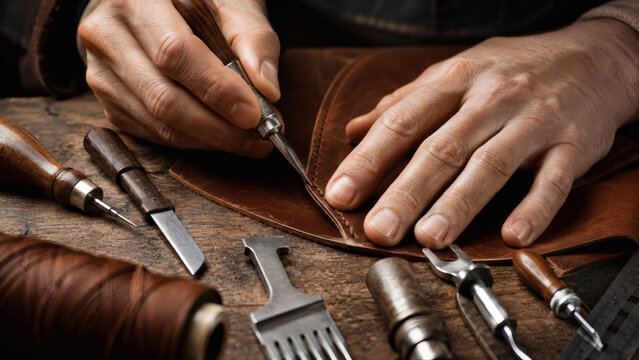Craftsman hands working on leather at workbench