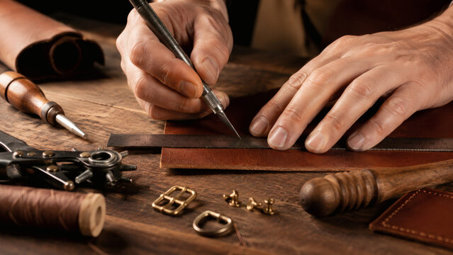 Craftsman hands working on leather at workbench