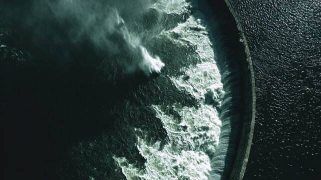 Powerful Water Surge: An aerial view captures a dramatic surge of water crashing over a dam, showcasing the immense power and force of nature in a captivating display.