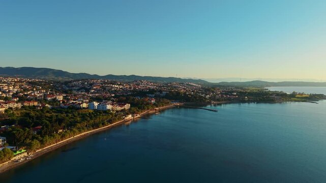 Aerial view of coastal town shoreline at sunrise, marina of Datcha Turkey.