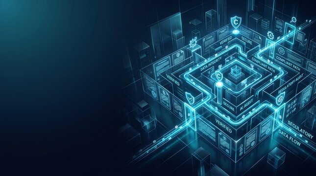 Futuristic compliance management system with glowing blue circuits and data flow