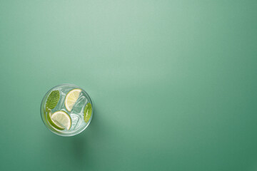 Minimal mojito cocktail with copy space on pastel green background top view © hannamartysheva
