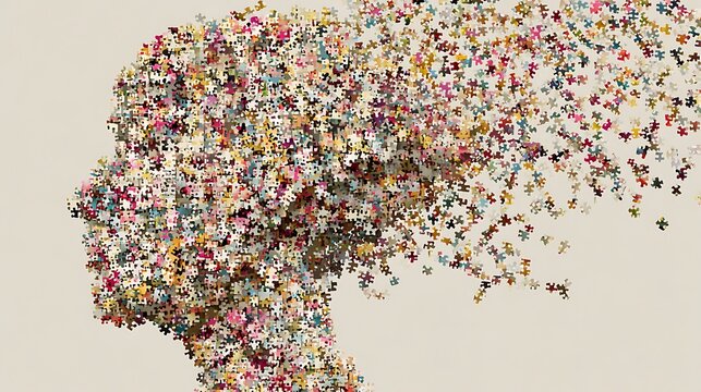 Human head silhouette made of colorful jigsaw puzzle pieces scattering into the air on beige