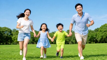 Obraz premium Happy Young Asian Family Running Together in Sunny Green Park