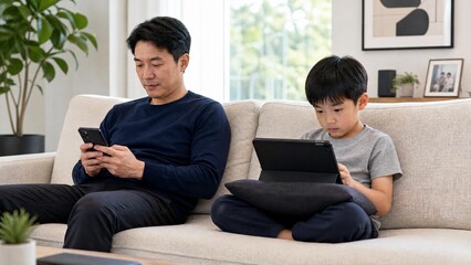 Obraz premium Asian Father and Son Using Smartphone and Tablet While Sitting Together on Sofa at Home