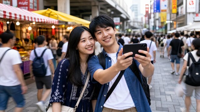 Happy Young Asian Couple Taking Selfie in Crowded City Street Market