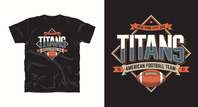 Titans american football team emblem with ball and diamond frame for New York city usa sports t-shirt design.