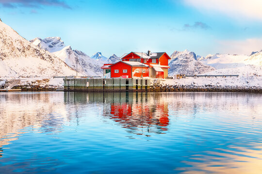 Astonishing morning view of small fishing village Ramberg at sunrise.