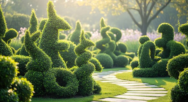 Whimsical sculpted topiaries line a winding stone pathway in a serene garden at sunrise