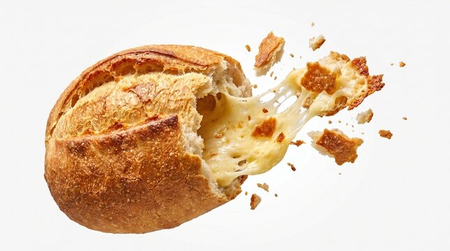 Cheese-filled bread exploding open with molten texture and crisp crust details for impactful food imagery. Isolated on White background