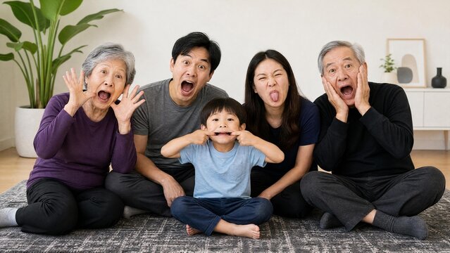 Happy Multi-Generational Asian Family Making Funny Faces and Being Silly at Home