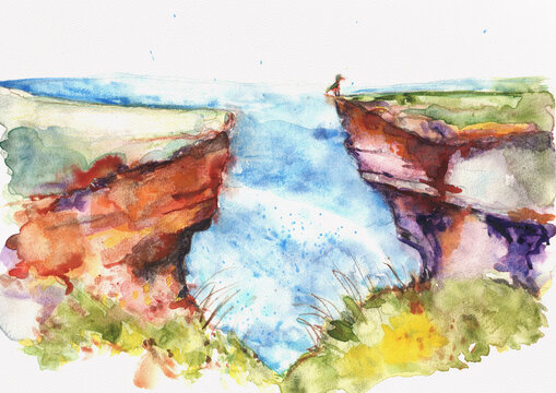 Normandy Inspired Coastal Cliffs with Blue Sea Channel, Hand Painted Watercolor