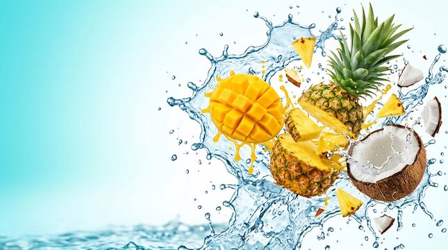 Tropical fruit splashing in water mango pineapple and coconut exploding