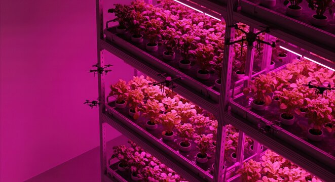 Drones Inspecting Rows of Lush Plants Under Pink LED Lights in a Modern Vertical Farm Setting