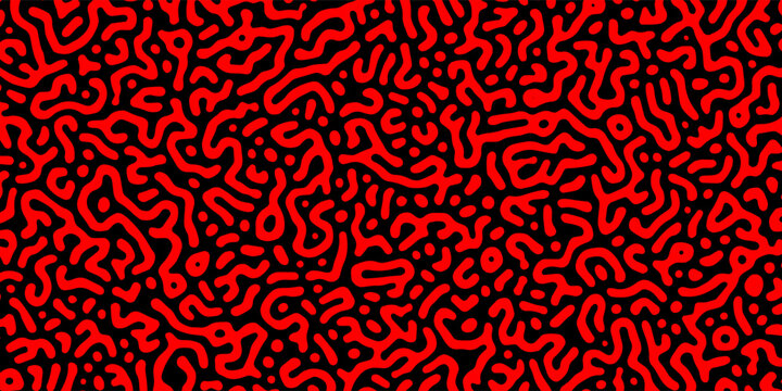 Abstract seamless pattern with red organic turing shapes on a solid black background. Modern reaction-diffusion texture featuring bold, curvy maze-like lines and dots.