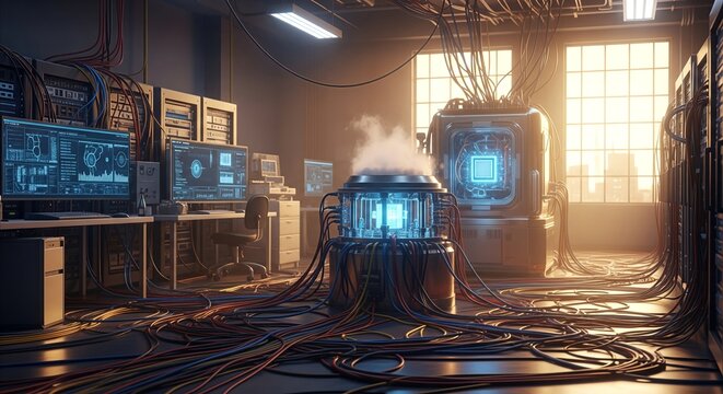 Futuristic quantum computing lab with glowing central processor, cryogenic unit, and complex wiring, bathed in warm, atmospheric light.
