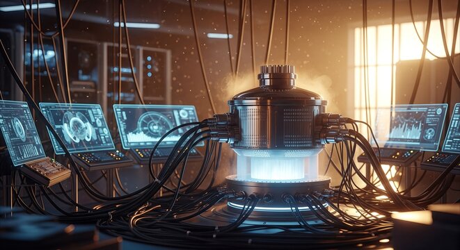 Futuristic quantum computing lab with glowing cryogenic processor, complex wiring, and advanced control terminals in warm, atmospheric lighting
