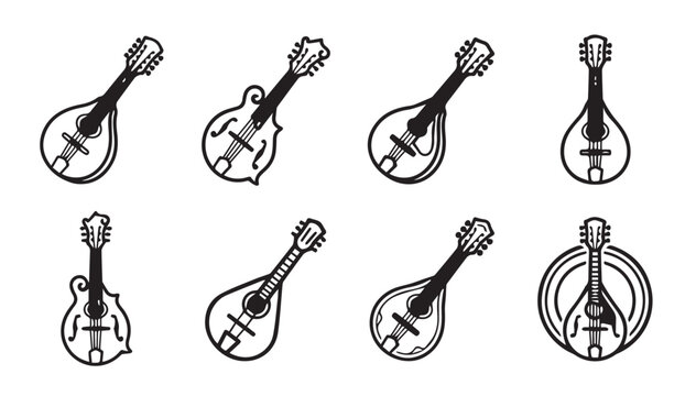 Collection of mandolin musical instruments in a clean line art style on a white background
