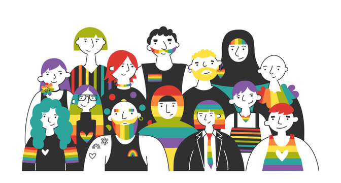 Group of diverse lgbt characters together. People with rainbow elements. Queer and gay unity, pride, visibility, self-expression and inclusive identity. Support, community, celebration of diversity.