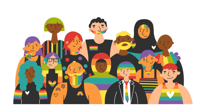 Group of diverse lgbt characters together. People with rainbow elements. Queer and gay unity, pride, visibility, self-expression and inclusive identity. Support, community, celebration of diversity.