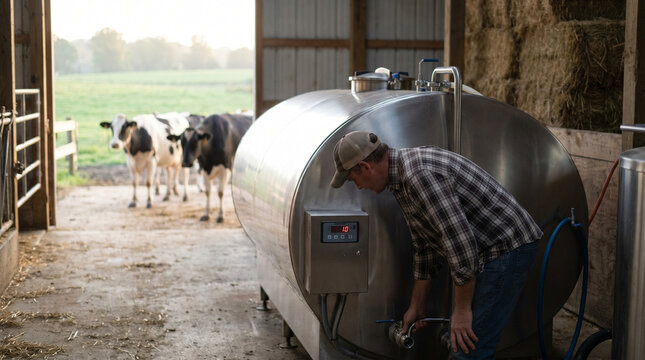 Farmer operating stainless steel milk cooling tank in barn with cows  