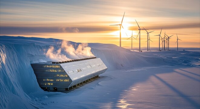 Futuristic Arctic Data Center Integrated into Ice Cliff with Wind Turbines at Golden Hour