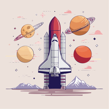 Space Shuttle Launch with Planets and Mountains