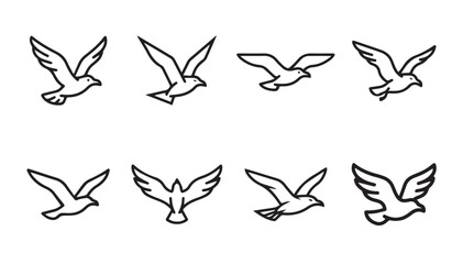 Fototapeta premium Eight stylized line art seagulls in flight against a white background with varied wing positions