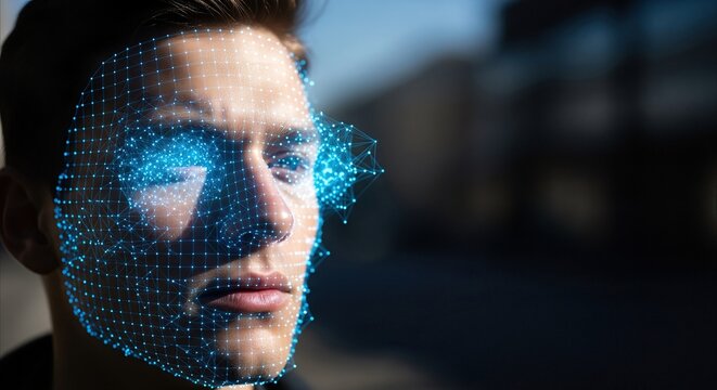 Facial recognition AI scans a man's face with a digital grid, verifying identity and detecting anomalies for security