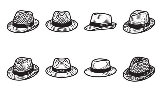 Fedora hats collection in a clean white studio background with distinct hatching detail for fashion concepts