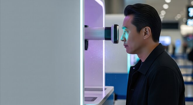 Man undergoing advanced iris scan at futuristic airport security check-in, highlighting technology and identity verification