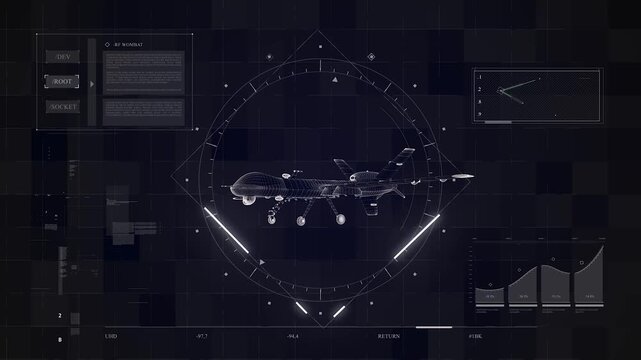 Futuristic digital interface with a wireframe model of a military drone, hud display, data charts, and technical elements