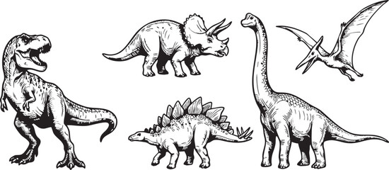 Dinosaur collection featuring various prehistoric species drawn in a detailed black and white artistic vector illustration style for design © Ajoy