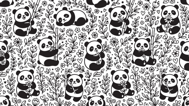 Panda pattern vector illustration featuring cute bears with bamboo stalks and floral elements in a seamless black and white design