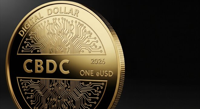 Close-up of a futuristic gold CBDC digital dollar coin with circuit patterns, symbolizing future finance and tokenization in 2026.
