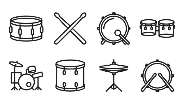 Assorted drum set icons with drumsticks on a white background for music concepts