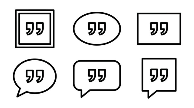 Black outline quote mark speech bubbles and frames icon set with communication